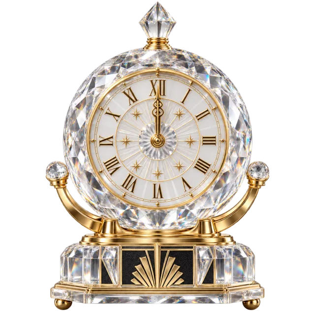 Faceted clear clock with gold-colored details on a black and gold Art Deco pedestal
