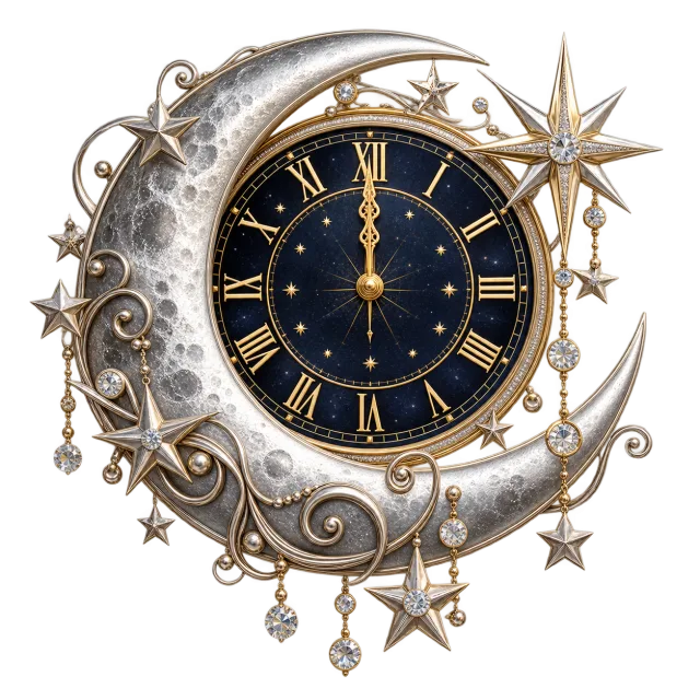 Dark blue clock face surrounded by a silver crescent moon and gold-colored stars
