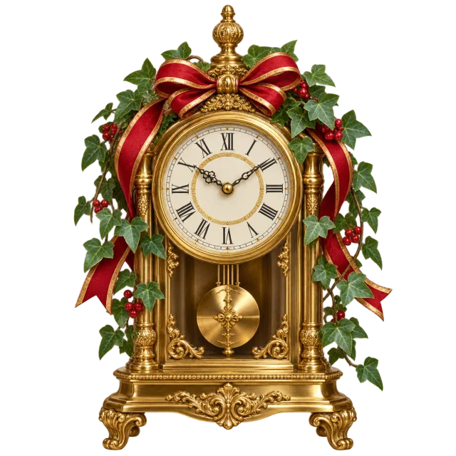 Gold-colored pendulum clock framed by ivy, red ribbons and gold accents