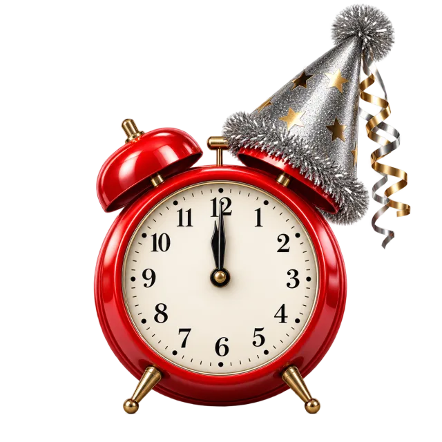 Red alarm clock topped with a silver party hat and curling ribbon