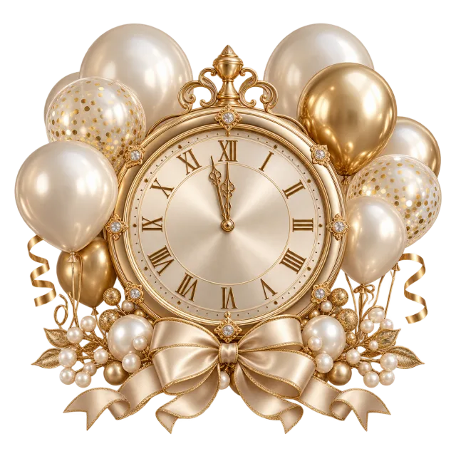 Gold-colored clock framed by pearl-colored balloons, a cream bow and small stars