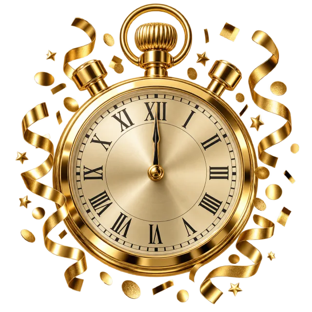 Gold-colored stopwatch with curled ribbons, stars and round confetti