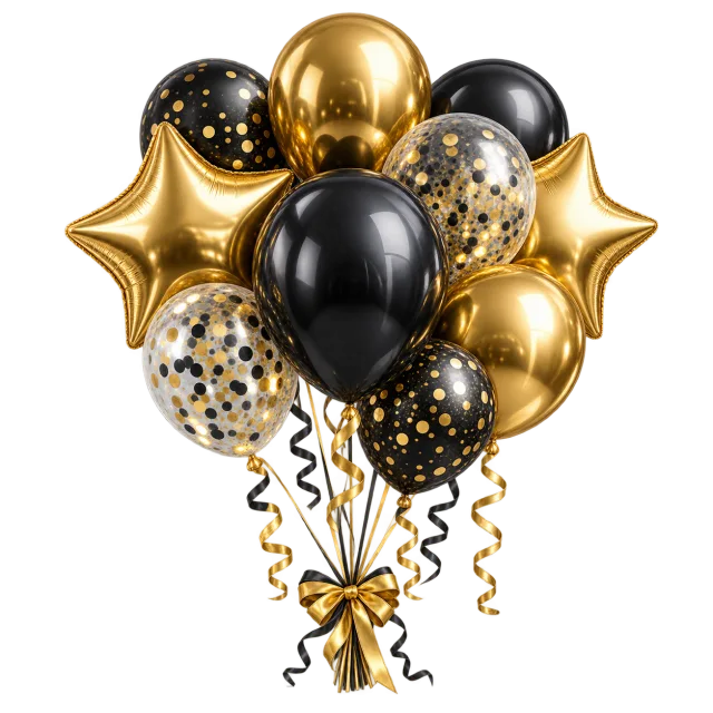 Black and gold balloon bouquet with curling strings