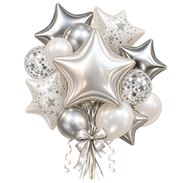 Pearl white and silver star balloon cluster