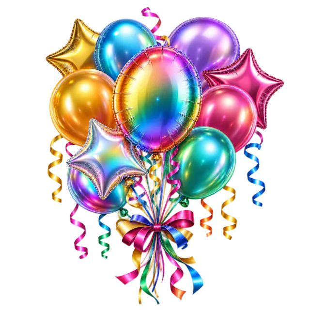 Rainbow foil balloons tied with colorful streamers