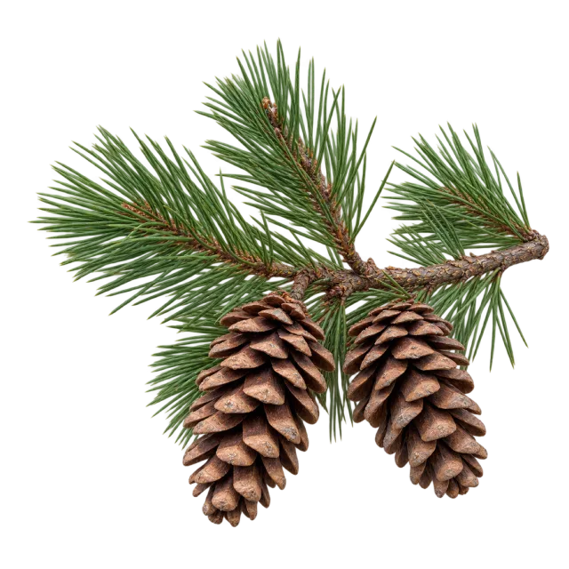 Evergreen branch with clusters of green needles and hanging brown pinecones on a transparent background
