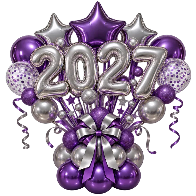 Silver 2027 number balloons surrounded by purple and silver balloons, stars and a large bow