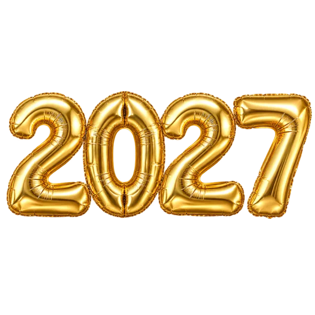 Four shiny gold-colored number balloons spelling 2027