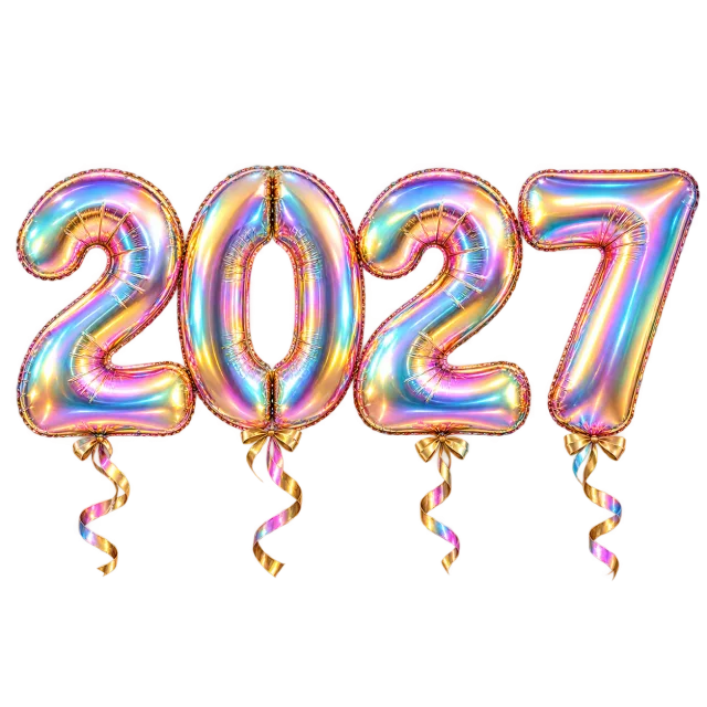 Four iridescent number balloons spelling 2027 with small curling ribbons