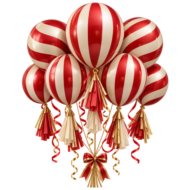 Red and cream striped party balloons with tassels
