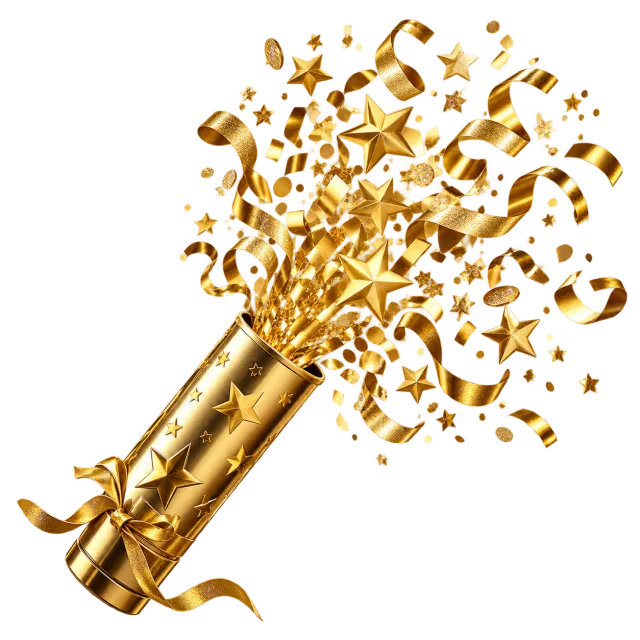 Gold confetti cannon bursting with stars