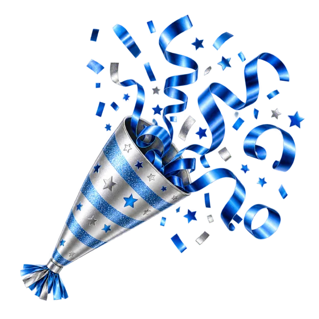Silver party popper with blue paper curls