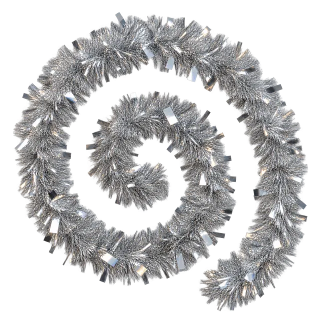 Silver tinsel garland shaped into a loose spiral