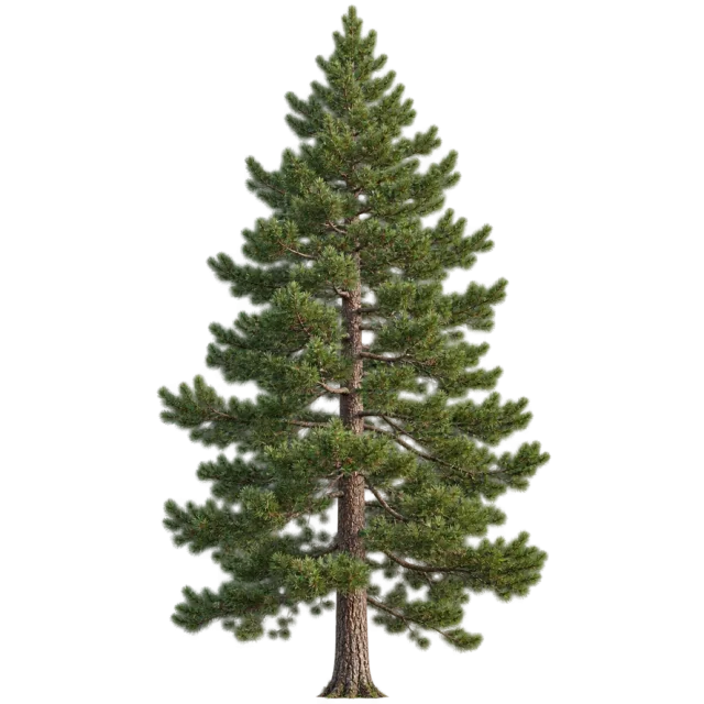 Tall evergreen tree with layered green branches and a visible brown trunk on a transparent background