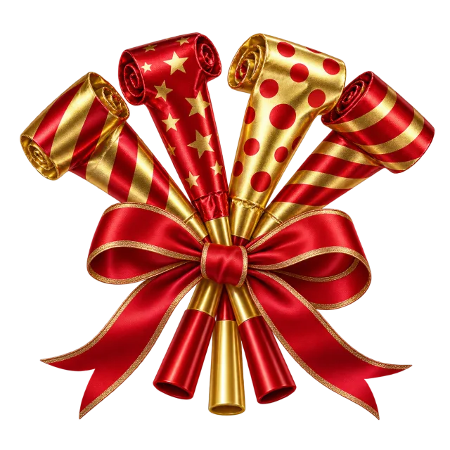 Red and gold party blowers tied in a bow