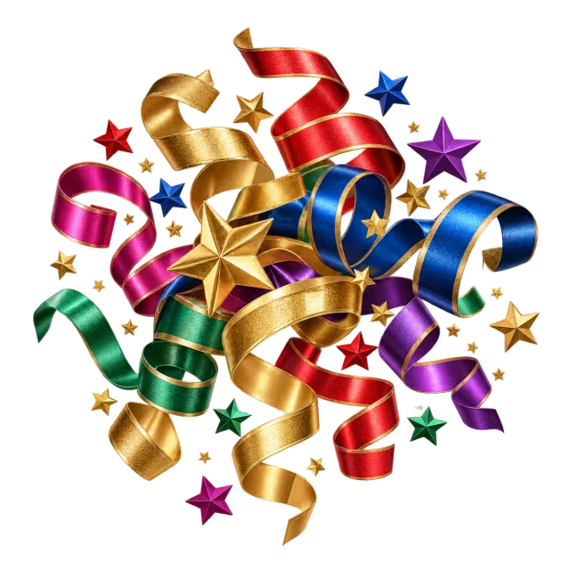 Cluster of colorful curled ribbons and small paper stars