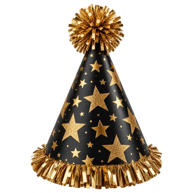 Elegant black cone party hat with gold stars