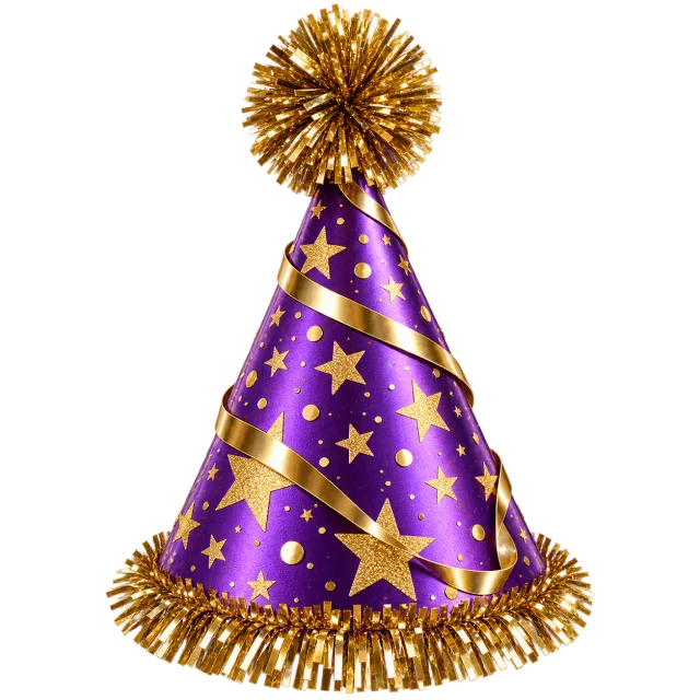 Purple cone party hat with gold pompom