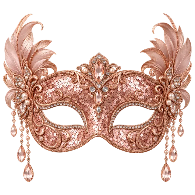 Rose gold-colored masquerade mask with ornate patterns, feathers and dangling ornaments
