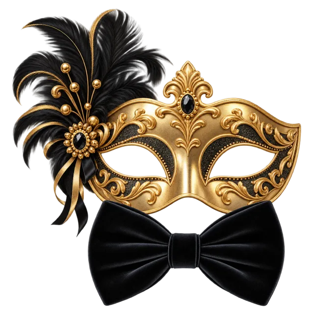 Black velvet bow tie and gold party mask