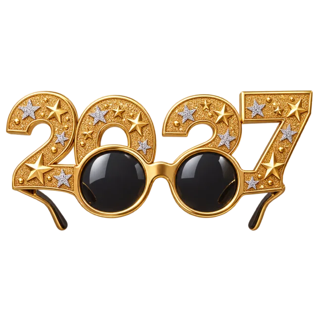 Gold-colored novelty glasses topped with 2027 numerals and small stars