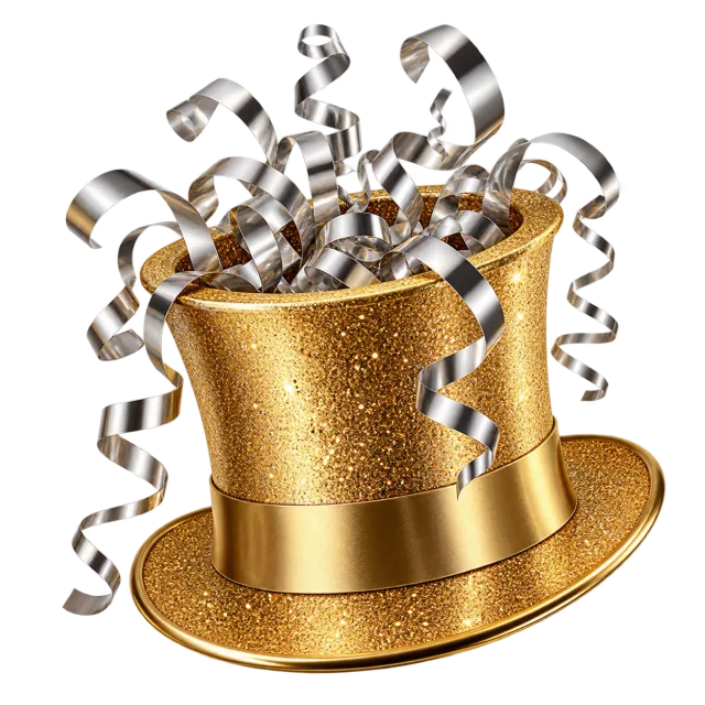 Gold top hat with silver streamers spilling out