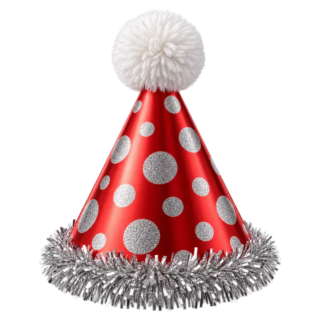 Red party hat with white pompom and silver dots
