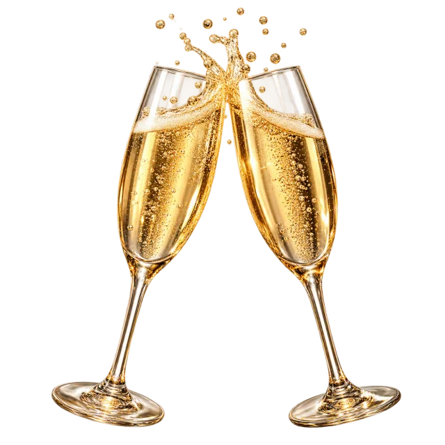 Two elegant champagne flutes toasting with golden sparkling drink