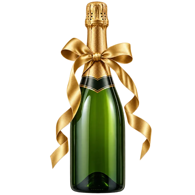 Green sparkling wine bottle with gold-colored foil and a satin ribbon bow