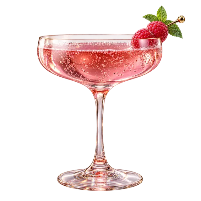 Pink sparkling drink in coupe glass with raspberry garnish