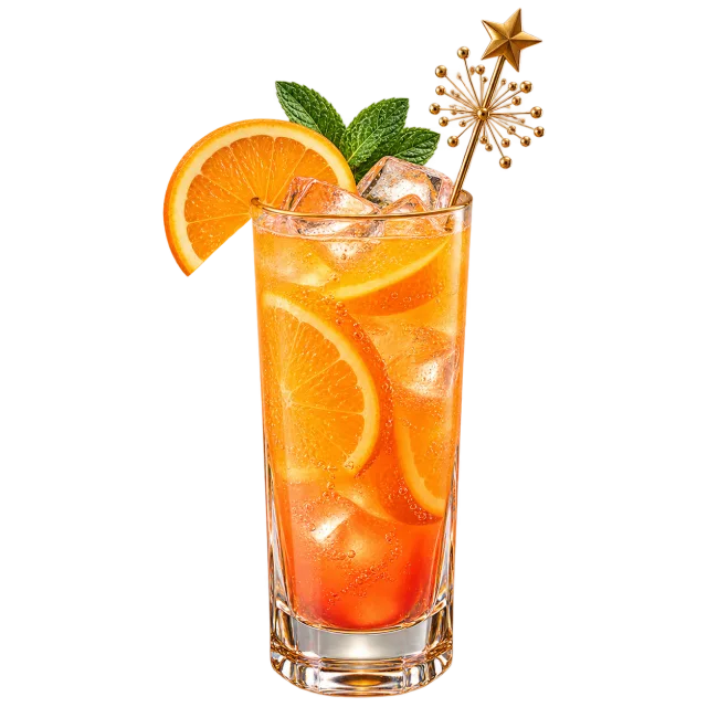 Orange mocktail in tall glass with citrus and festive stirrer