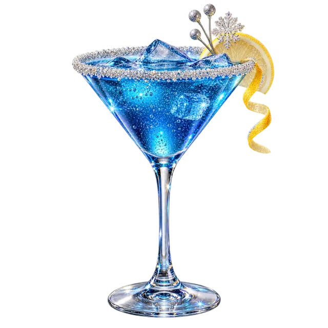 Blue sparkling mocktail in stemmed glass with silver sugar rim