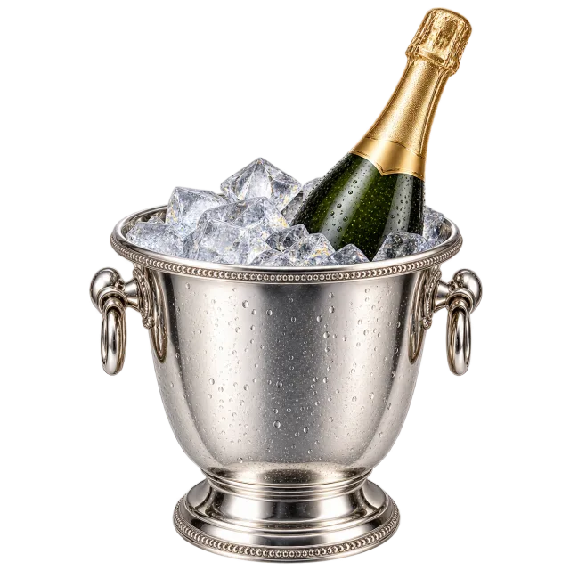 Silver-colored ice bucket filled with ice and holding a green sparkling wine bottle