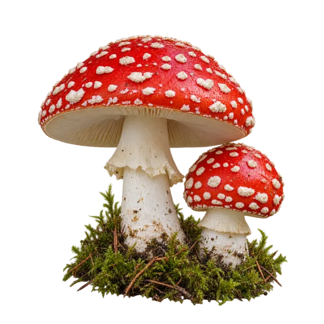 Two red capped toadstools with white spots and pale stems on a mossy base on a transparent background