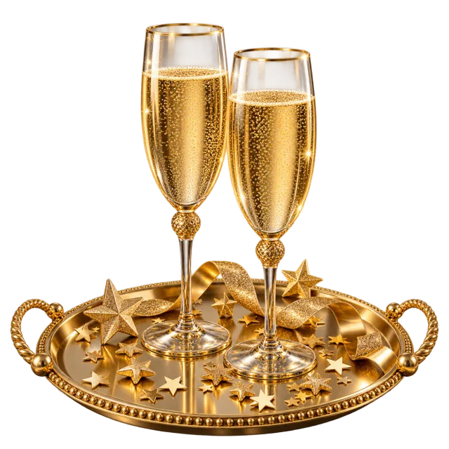 Tray with two golden sparkling drink glasses and star confetti
