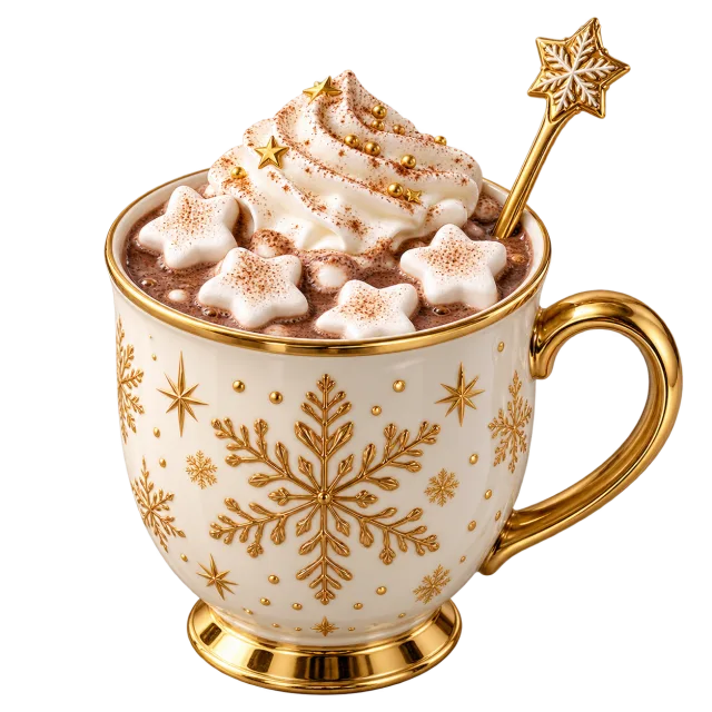 Hot chocolate mug with star marshmallows and gold spoon