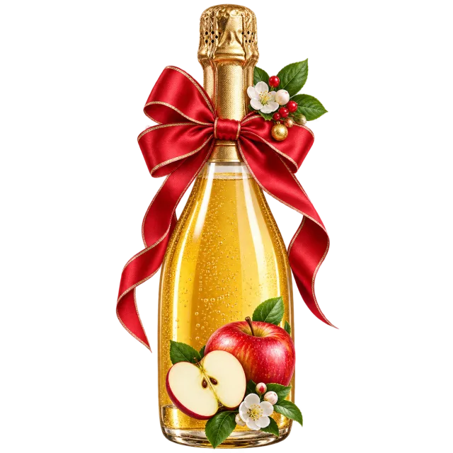 Festive sparkling apple juice bottle with a red ribbon