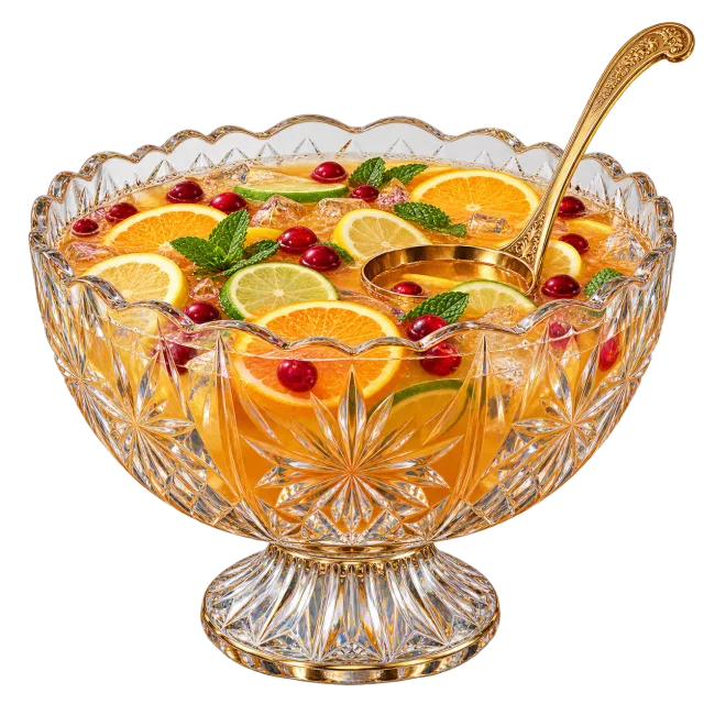 Crystal punch bowl with citrus slices and gold ladle