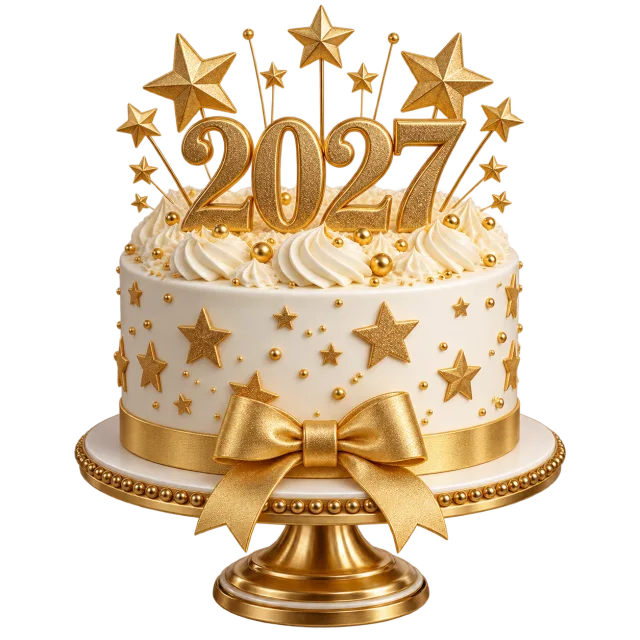 White celebration cake decorated with gold-colored stars, a bow and a 2027 topper