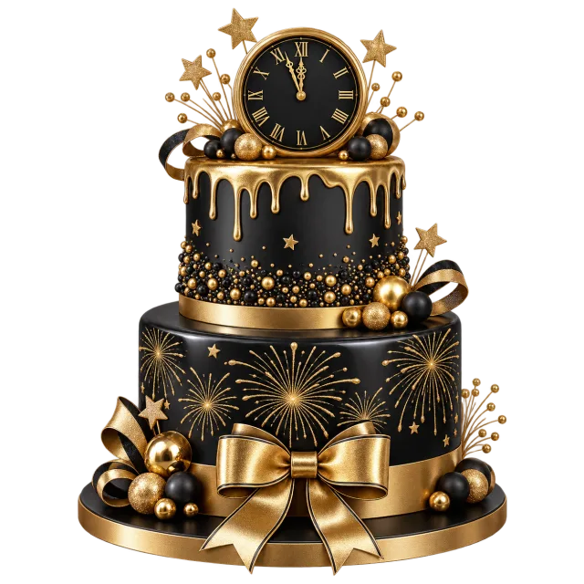 Black tiered celebration cake with gold-colored icing, stars and a small clock topper