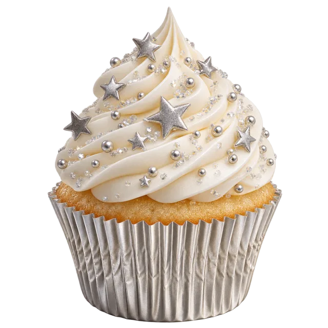 Vanilla cupcake with silver star sprinkles