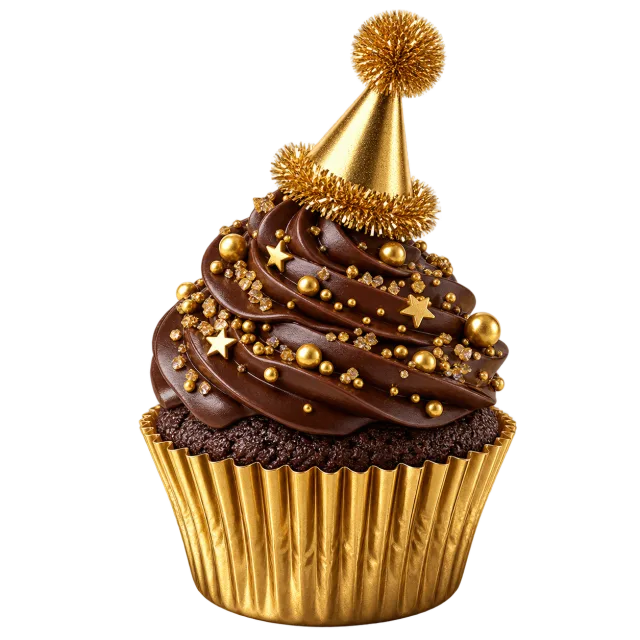 Chocolate cupcake with gold party hat topper