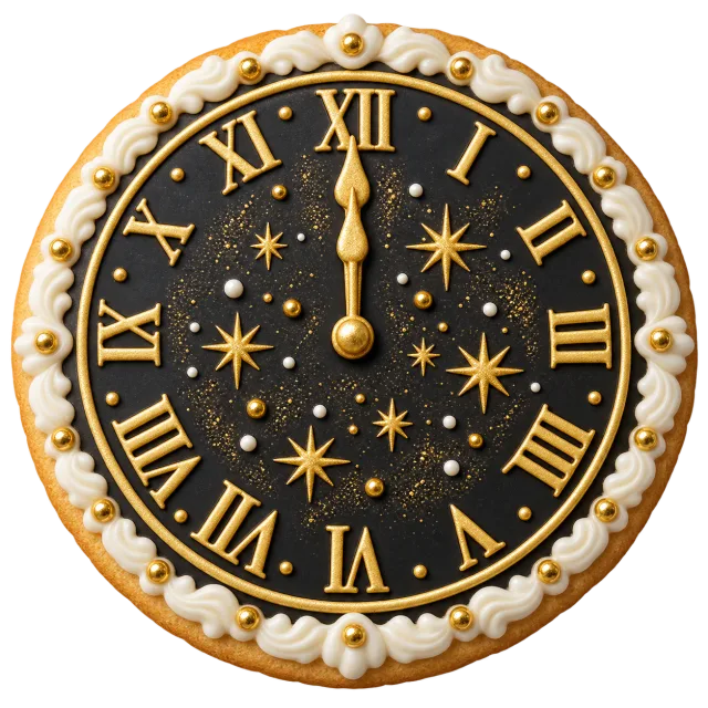 Round black clock-face cookie with gold-colored details and a pearl-like icing border