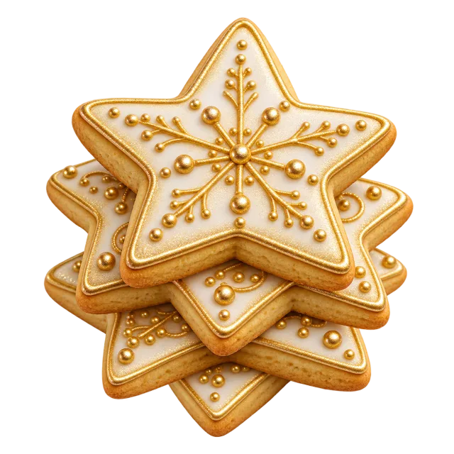 Stack of star-shaped golden iced cookies
