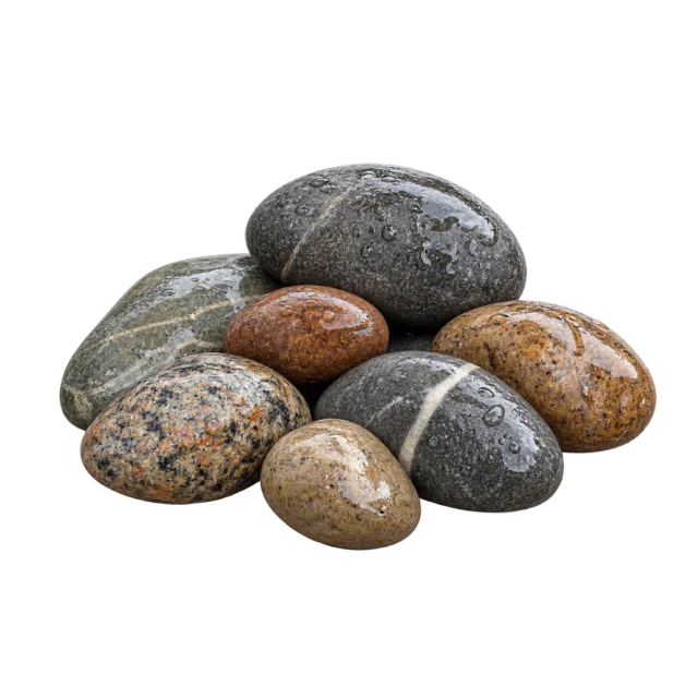 Small pile of rounded river pebbles in gray, brown and cream tones on a transparent background