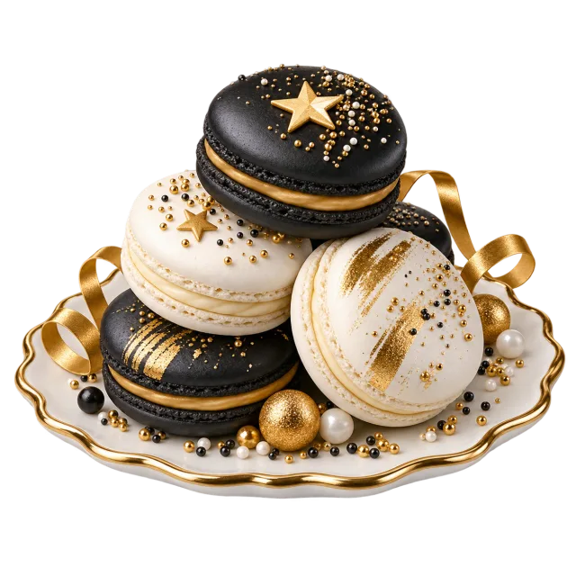 New Year macarons in black white and gold on small plate