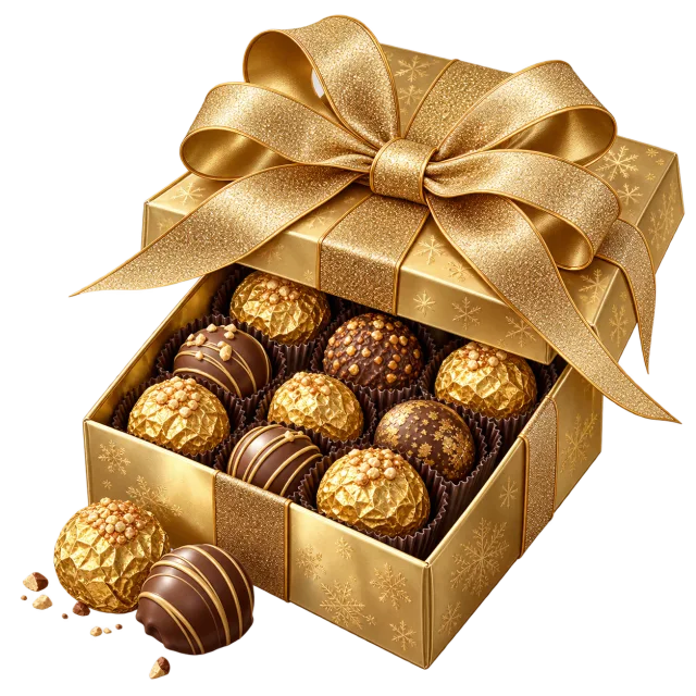 Open gold-colored gift box filled with chocolate truffles beneath a large ribbon bow