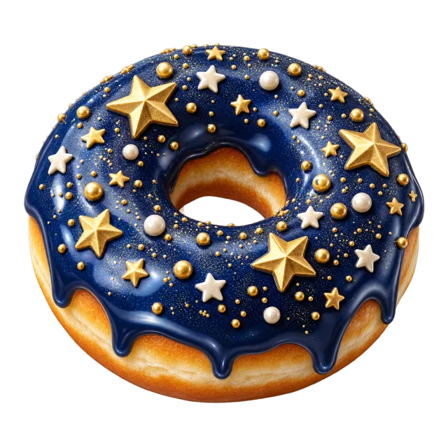 Festive donut with navy icing and edible star decorations