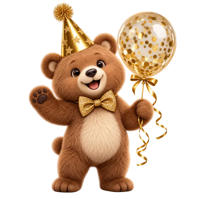 Smiling brown bear wearing a gold party hat and bow tie while holding a confetti balloon