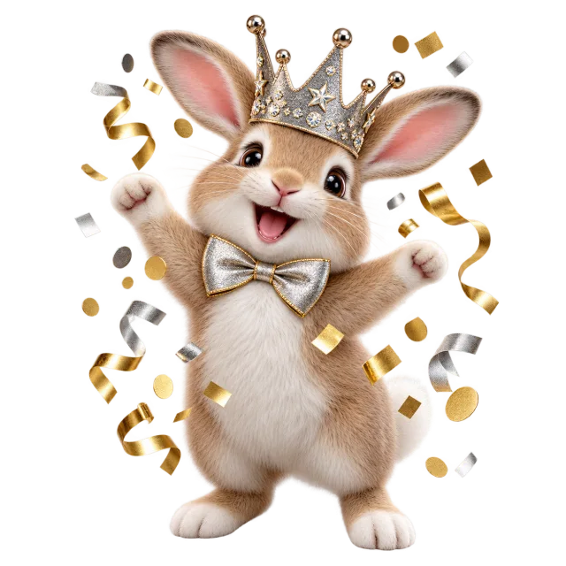 Smiling rabbit with silver party crown and confetti